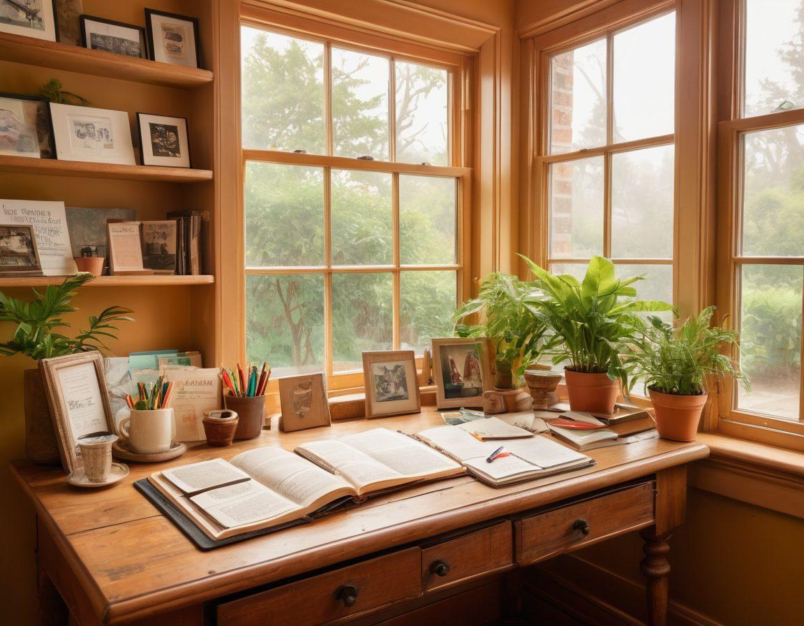 A cozy, inviting workspace featuring a vintage wooden desk filled with personal journals, colorful pens, and a steaming cup of tea. In the background, a large bookshelf is overflowing with lifestyle books and plants, while a window overlooks a picturesque garden. Soft, natural light floods the room, creating a warm atmosphere that inspires creativity and reflection. Elements of community, like a bulletin board with photos and notes, can be seen. super-realistic. warm colors. soft light.