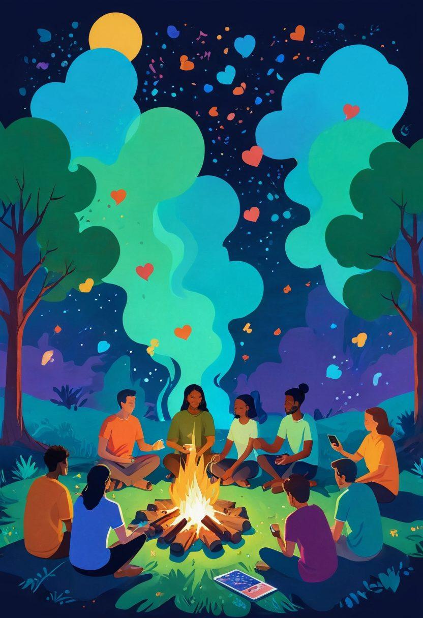 An abstract representation of a diverse group of people sitting around a glowing digital campfire, sharing stories and ideas, surrounded by virtual connections like chat bubbles and heart icons that symbolize community engagement. The background features a blend of soft blues and greens to evoke a sense of tranquility and unity. Add elements like keyboards and smartphones to indicate the digital aspect of blogging. painting. vibrant colors.