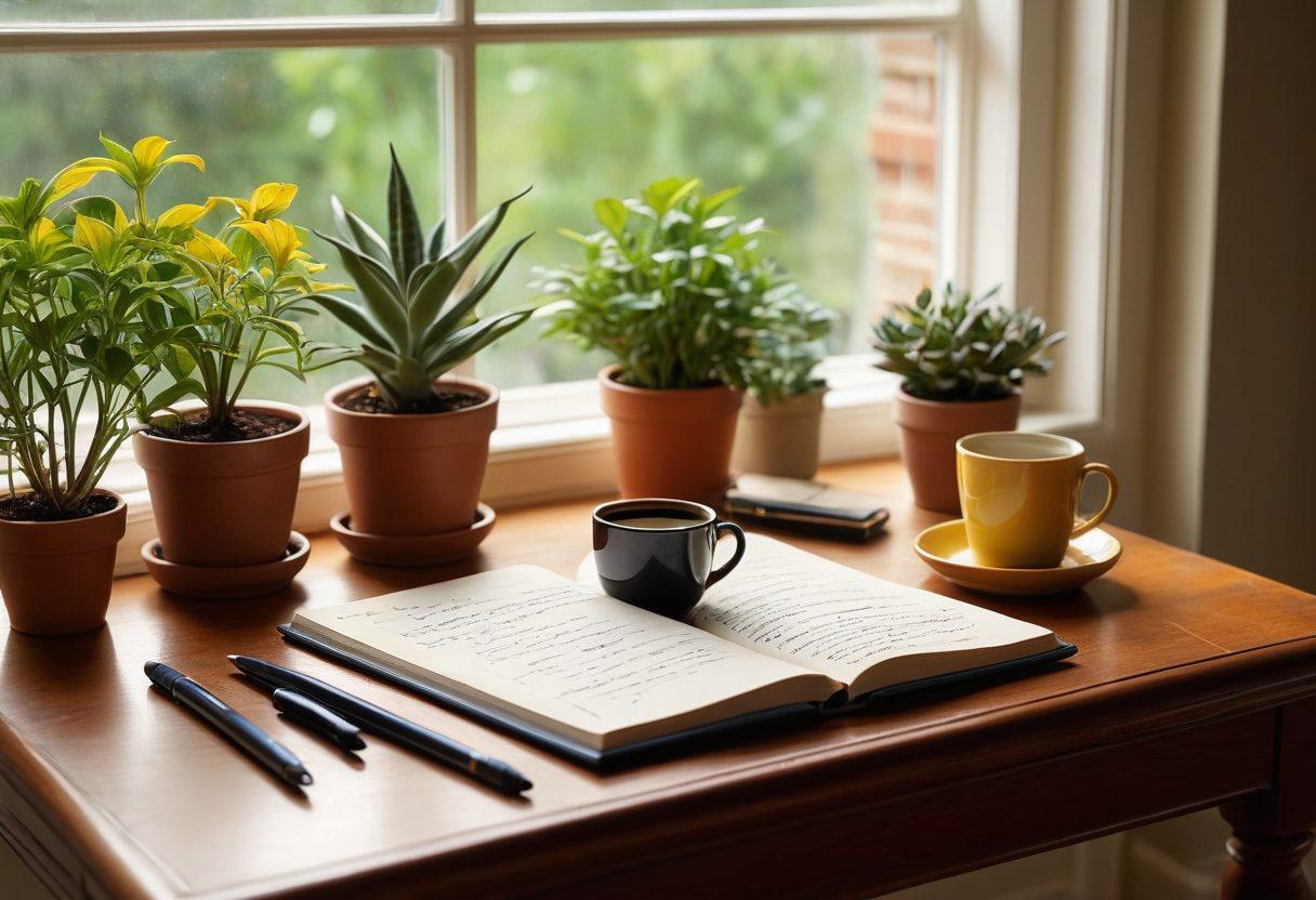 A cozy writer's desk showcasing an open diary overflowing with handwritten notes, beside a sleek digital tablet displaying engaging blog posts. The background features warm, inviting tones with sunlight filtering through a window, casting soft shadows. Elements like a steaming cup of coffee, colorful pens, and potted plants add a personal touch, creating an atmosphere of creativity and inspiration. super-realistic. vibrant colors. soft focus.